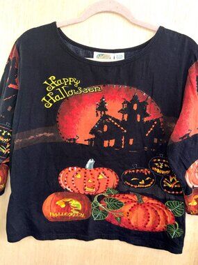 Women's Collections ETC. Halloween Graphics w/Sequins 3/4 Sleeve Top Size Large